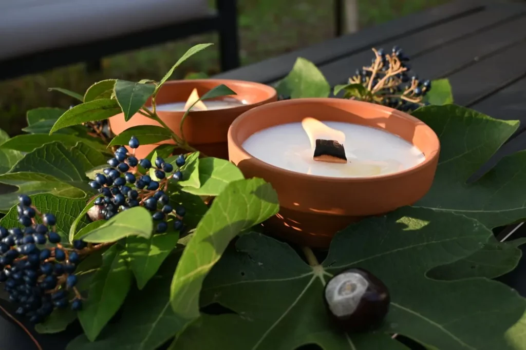 Deux bougies en terre cuite allumées sur une table, entourées de feuilles de figuier, de baies et d'un marron